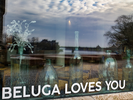 Reflectie in het raam van restaurant Beluga, Maastricht