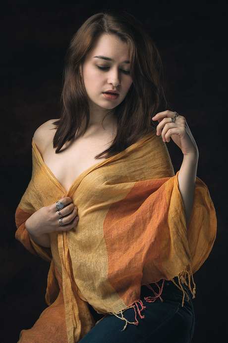 Belle Eve with orange scarf