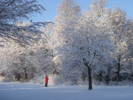 Rode jas in de sneeuw