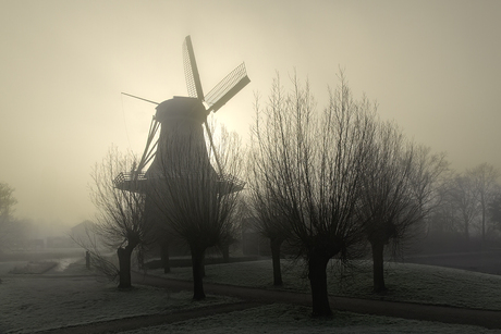 Penninga's molen in het licht.