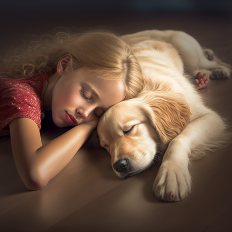 little girl with golden puppy