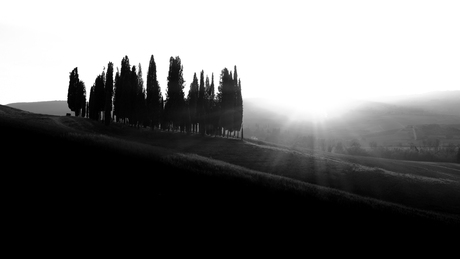 Toscaanse zonsondergang in zwart-wit