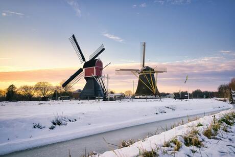 Schilderachtige Nederlandse molens in een besneeuwd winterlandschap