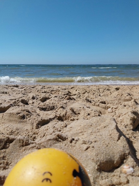 Bal op het strand. Met Noordzee op de achtergrond. 