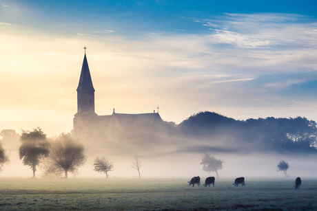 Church in the morning fog