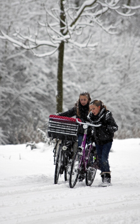 Meisjes in sneeuwbui