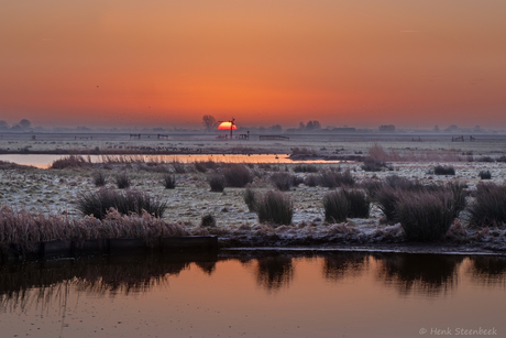 Zonsopkomst boven bevroren polder