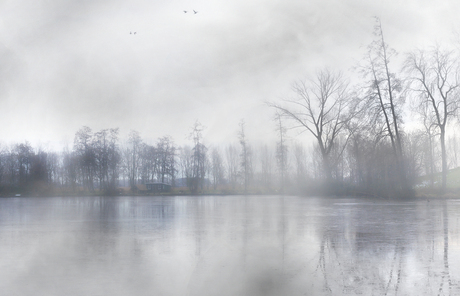 Mist over frozen water