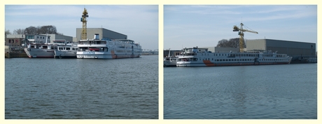 Riviercruise boten wachtend op het vaarseizoen.