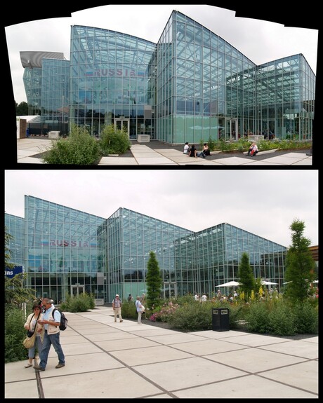 Een zijkant van de Villa Flora Hal op de Floriade.