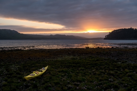 Canoe at sunset Loch Ewe Scotland