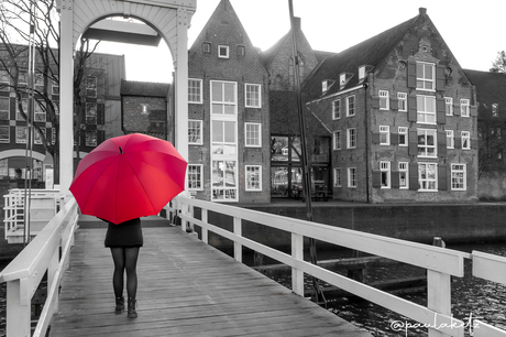 Meisje met rode paraplu op de brug