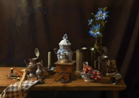 Stilleven met tinnen kannen