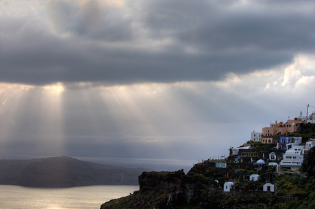 Jacobsladder in Fira bij zonsondergang