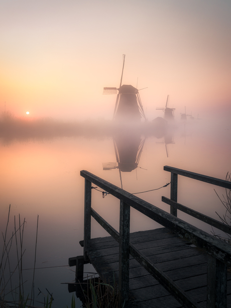 Zonsopkomst in mist bij Kinderdijk