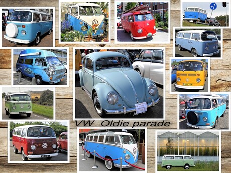 Collage   VW   Oldie parade  met div busjes en EEN kever uit 1956  div datums  