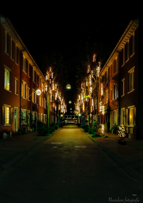 Straat in woonwijk in kerstsfeer 