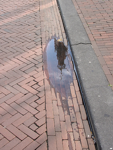 één  van de torenpunten van de St. Bavo Kerk in een regenplas