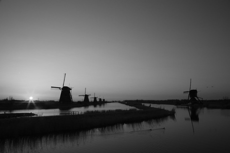 Kinderdijk Ochtendgloren Zwart-Wit