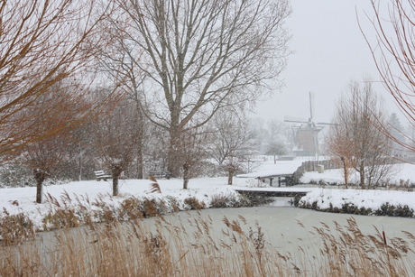 Sneeuwbui bij molen