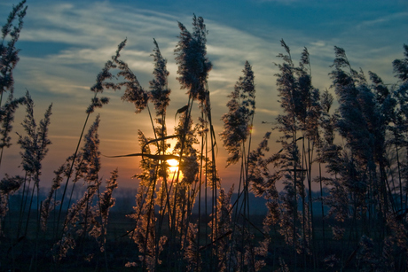 Ondergaande zon in het Roerdal, Nederland
