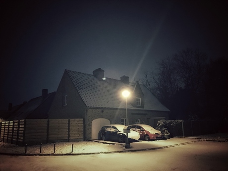 Night, house and snow.