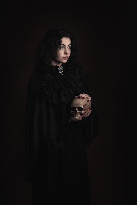 Fine Art Gothic Style Young Woman with Skull