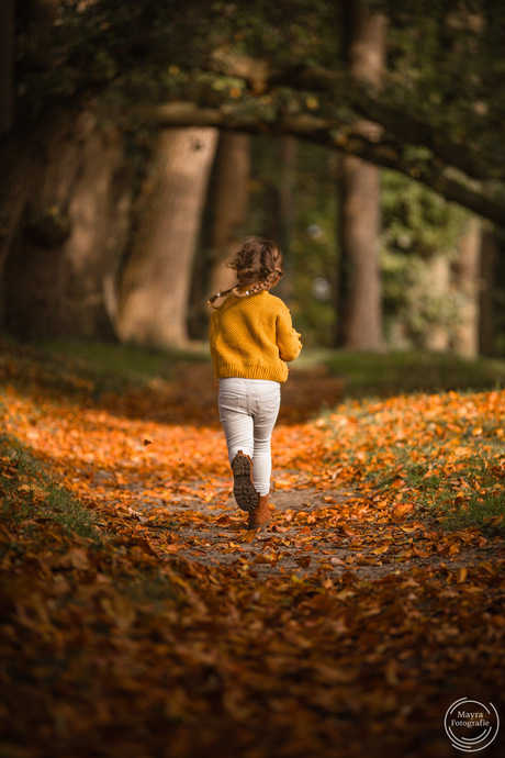 Meisje met vlechtjes rennend in herfst bos