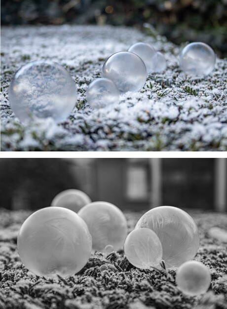 De familie zeepbel in wording tot bevroren zeepbellen