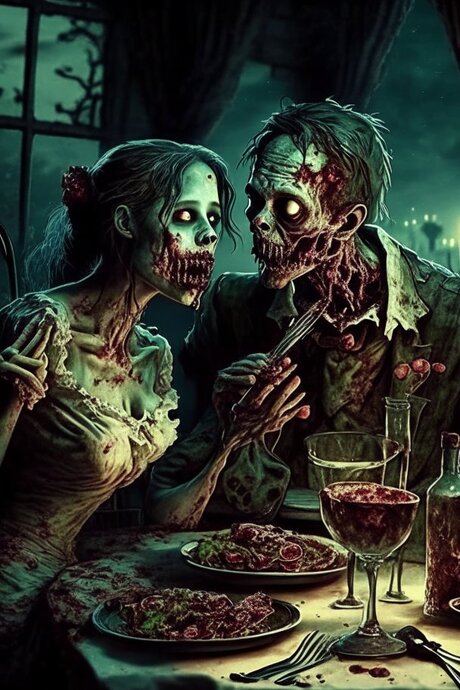 Zombie Couple Having  Dinner. 