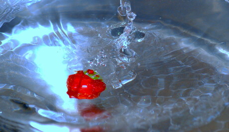 aardbei valt in het water