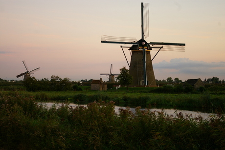 Kinderdijk tijdens schemer