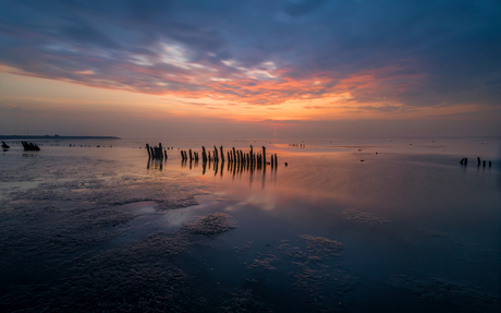 Moddergat bij zonsondergang