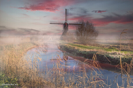 Molen in Dussen bij mist