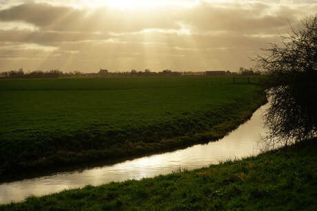 Polderlandschap in ondergaande zon..andere kant