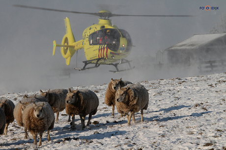 Traumahelikopter stijgt op boven weiland met sneeuwdek