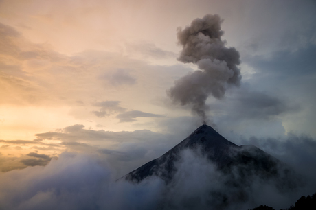 Eruption of volcano Fuego (Guatemala) during sunset