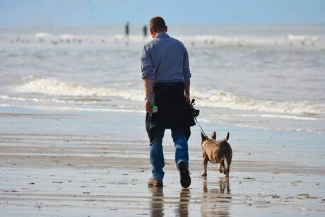 Man met hond langs het strand