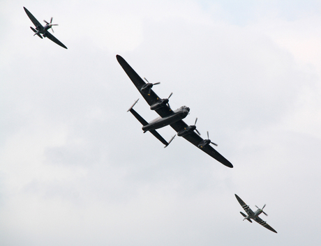 Lancaster escorted by Spitfires