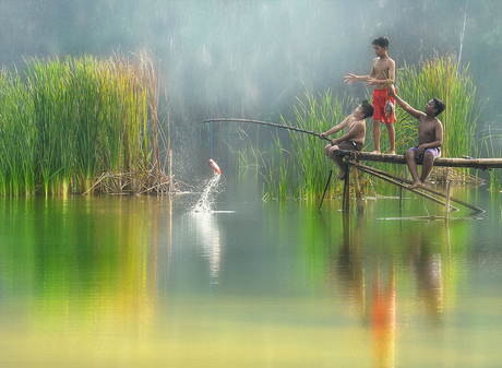 Boys In Fishing Moment