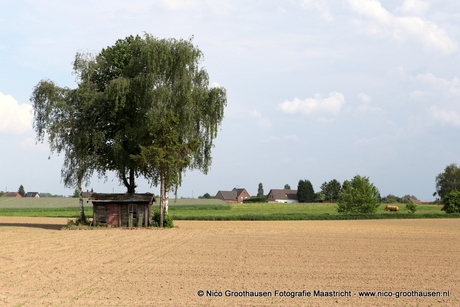 Een houten huisje in een uitgestrekt Limburgs landschap