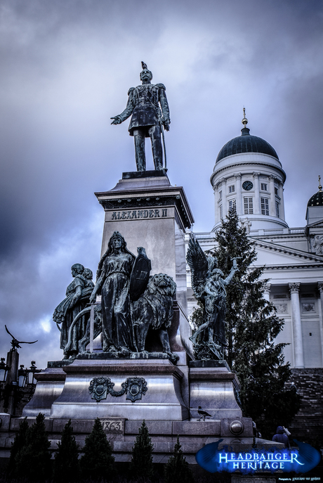 Statue in front of the White church in Helsinki, FI