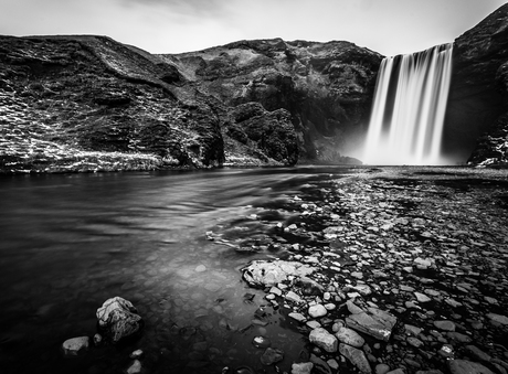 Skogafoss on black and white