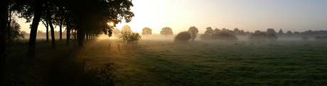 Opgaande zon en mist