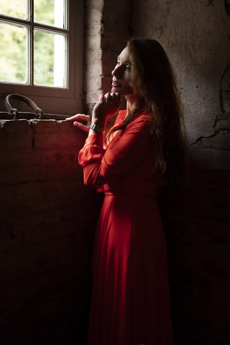 Lady In Red At A Shed Window