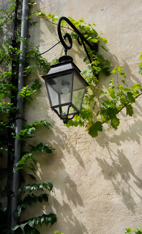 Oude zwart lantaarn met groene omheining in Saint-Émilion