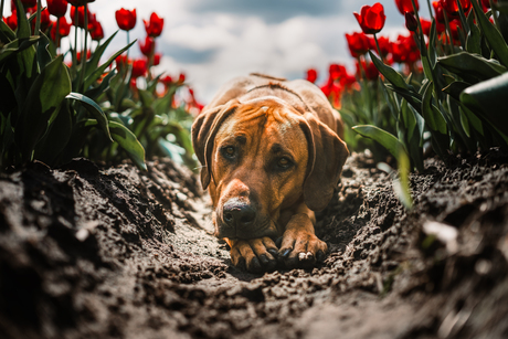 Rhodesian Ridgeback in de tulpen