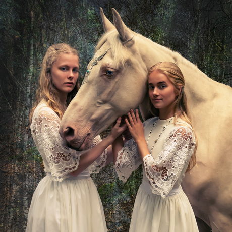 Two Girls and the Cremello Horse