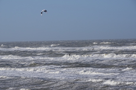 Stormy weather, kite surfing.