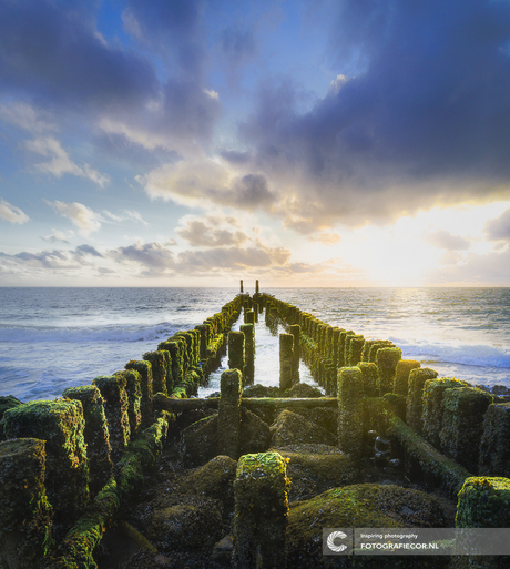 Dramatische zonsopkomst bij Golfbrekers an de kust